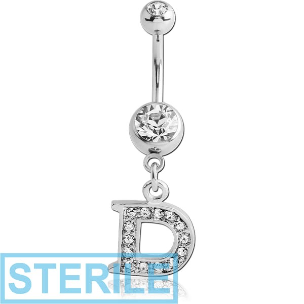 STERILE SURGICAL STEEL DOUBLE JEWELLED NAVEL BANANA WITH JEWELLED LETTER CHARM - D