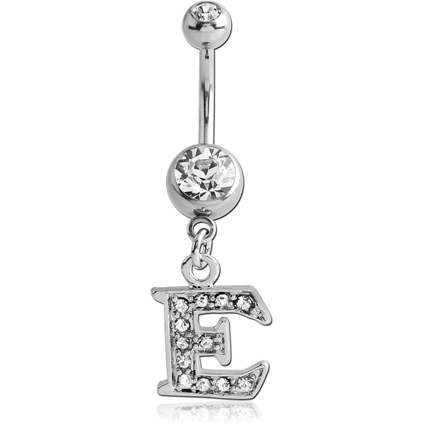 SURGICAL STEEL DOUBLE JEWELLED NAVEL BANANA WITH JEWELLED LETTER CHARM - E
