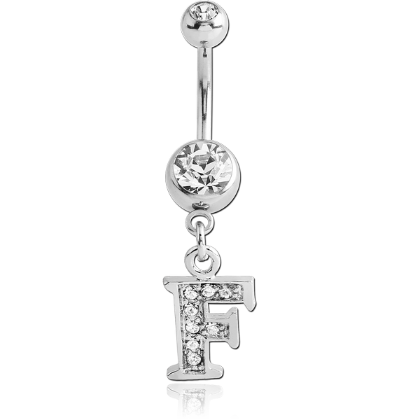 SURGICAL STEEL DOUBLE JEWELLED NAVEL BANANA WITH JEWELLED LETTER CHARM - F