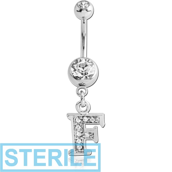 STERILE SURGICAL STEEL DOUBLE JEWELLED NAVEL BANANA WITH JEWELLED LETTER CHARM - F