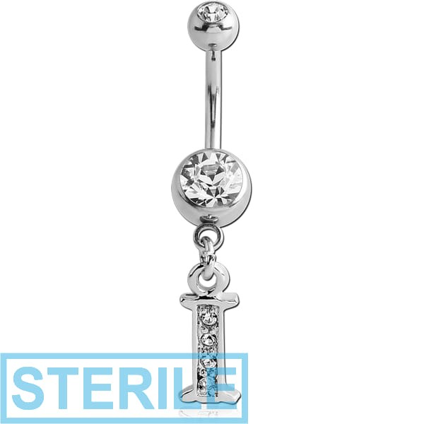 STERILE SURGICAL STEEL DOUBLE JEWELLED NAVEL BANANA WITH JEWELLED LETTER CHARM - I