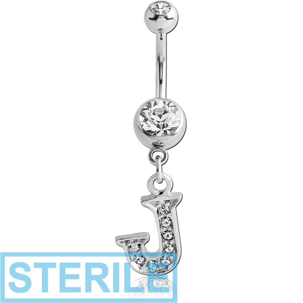 STERILE SURGICAL STEEL DOUBLE JEWELLED NAVEL BANANA WITH JEWELLED LETTER CHARM - J