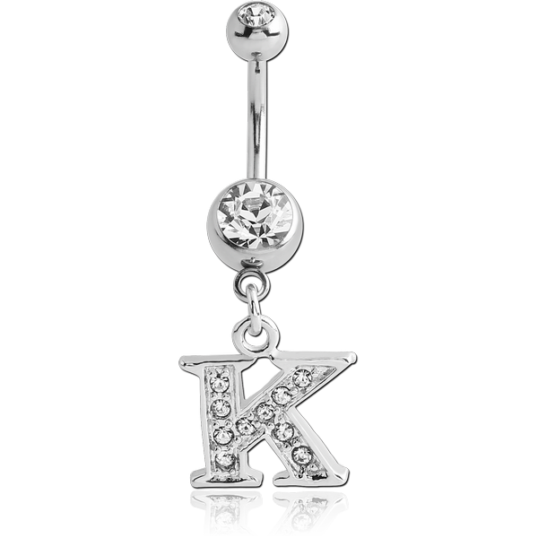 SURGICAL STEEL DOUBLE JEWELLED NAVEL BANANA WITH JEWELLED LETTER CHARM - K
