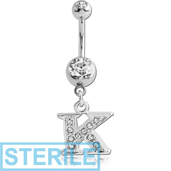 STERILE SURGICAL STEEL DOUBLE JEWELLED NAVEL BANANA WITH JEWELLED LETTER CHARM - K
