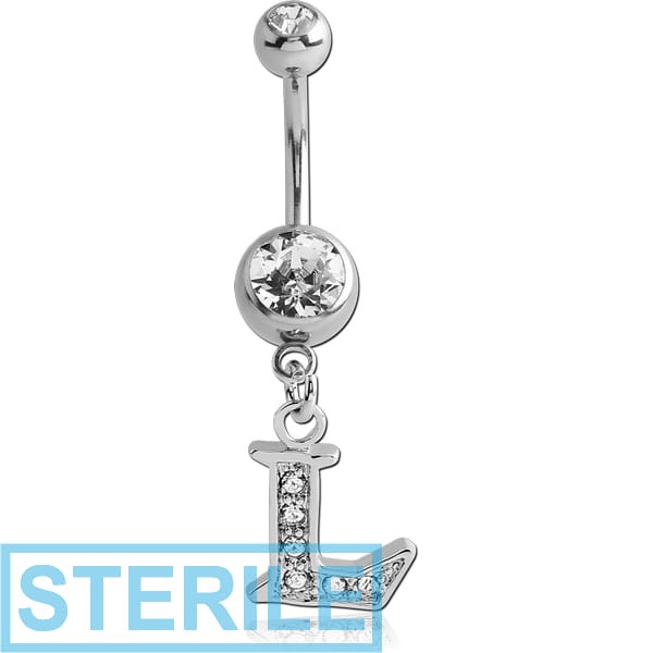 STERILE SURGICAL STEEL DOUBLE JEWELLED NAVEL BANANA WITH JEWELLED LETTER CHARM - L