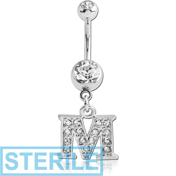 STERILE SURGICAL STEEL DOUBLE JEWELLED NAVEL BANANA WITH JEWELLED LETTER CHARM - M