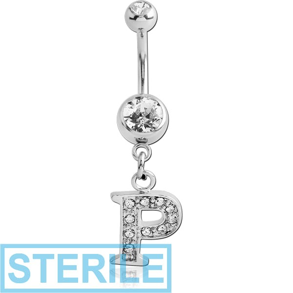 STERILE SURGICAL STEEL DOUBLE JEWELLED NAVEL BANANA WITH JEWELLED LETTER CHARM - P