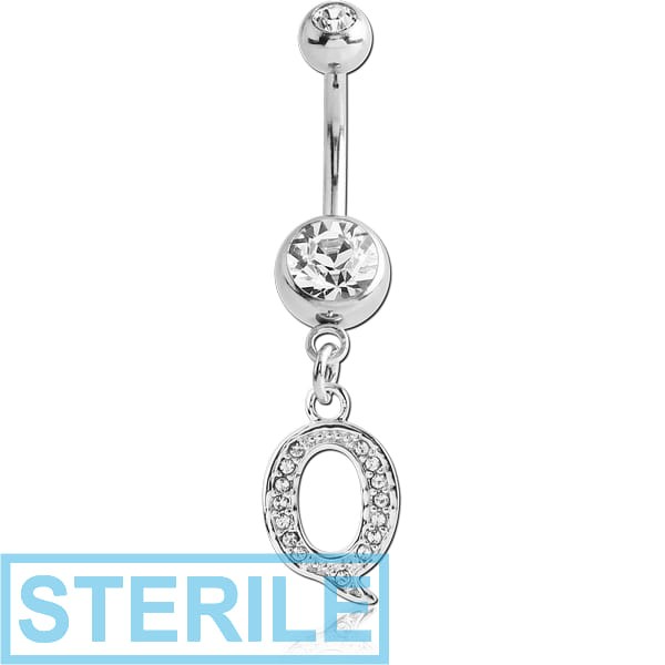 STERILE SURGICAL STEEL DOUBLE JEWELLED NAVEL BANANA WITH JEWELLED LETTER CHARM - Q