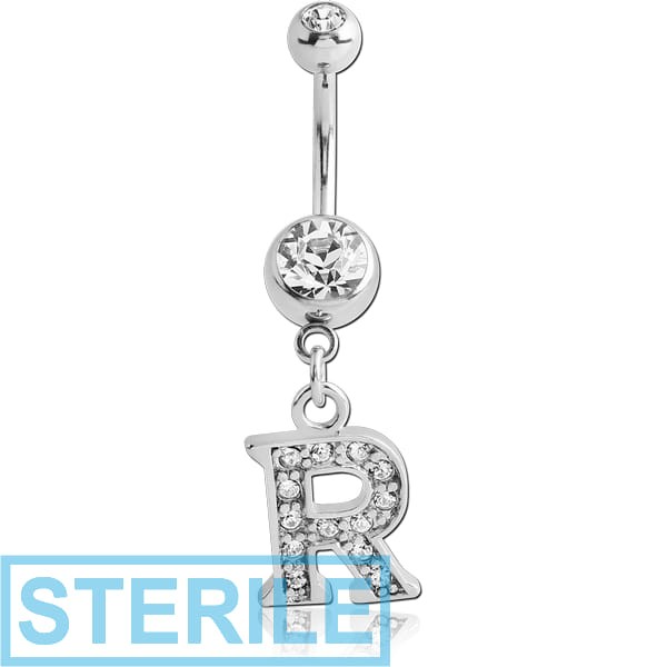 STERILE SURGICAL STEEL DOUBLE JEWELLED NAVEL BANANA WITH JEWELLED LETTER CHARM - R