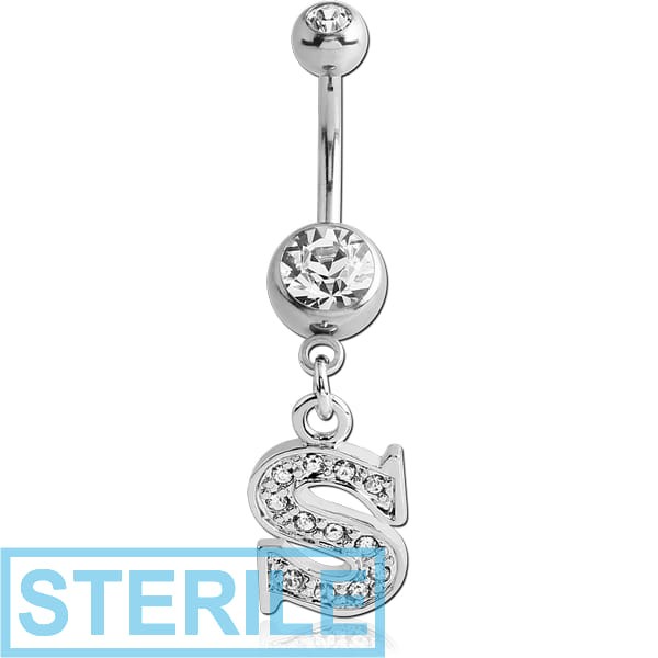STERILE SURGICAL STEEL DOUBLE JEWELLED NAVEL BANANA WITH JEWELLED LETTER CHARM - S