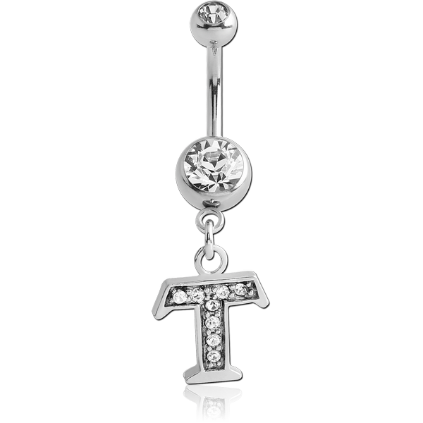 SURGICAL STEEL DOUBLE JEWELLED NAVEL BANANA WITH JEWELLED LETTER CHARM - T