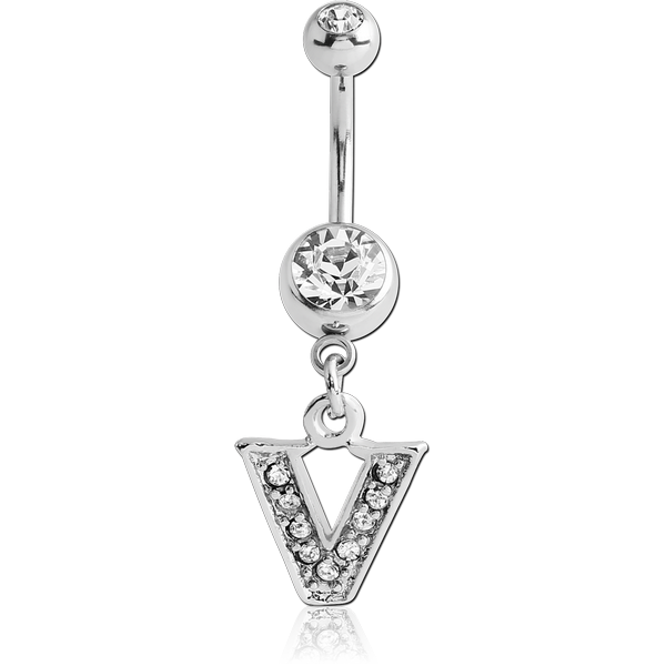 SURGICAL STEEL DOUBLE JEWELLED NAVEL BANANA WITH JEWELLED LETTER CHARM - V