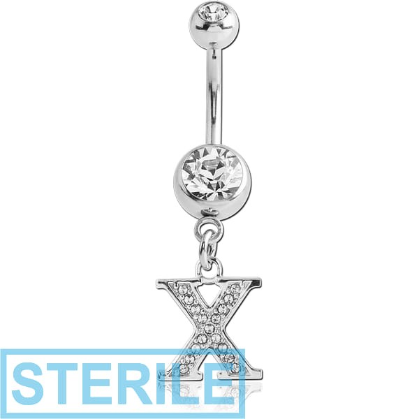 STERILE SURGICAL STEEL DOUBLE JEWELLED NAVEL BANANA WITH JEWELLED LETTER CHARM - X