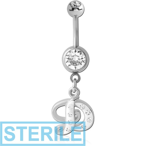 STERILE SURGICAL STEEL DOUBLE JEWELLED NAVEL BANANA WITH CRYSTALINE SCRIPT LETTER CHARM - D
