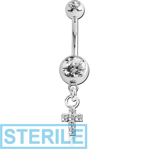 STERILE SURGICAL STEEL DOUBLE JEWELLED NAVEL BANANA WITH CROSS CHARM