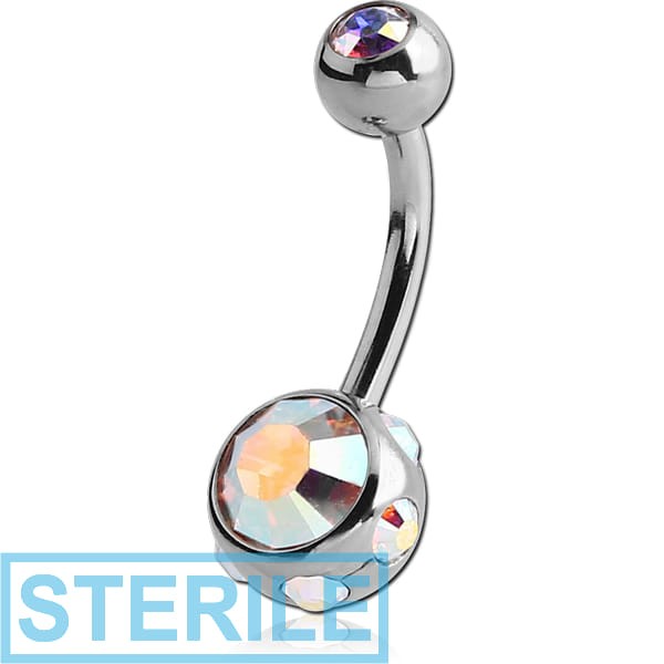 STERILE SURGICAL STEEL DOUBLE JEWELLED MULTI STONE NAVEL BANANA