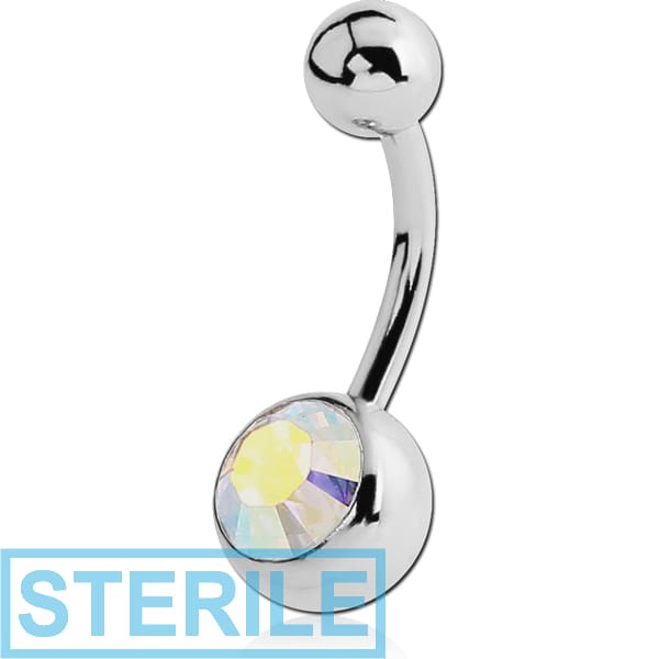 STERILE SURGICAL STEEL FLAT STONE JEWELLED NAVEL BANANA