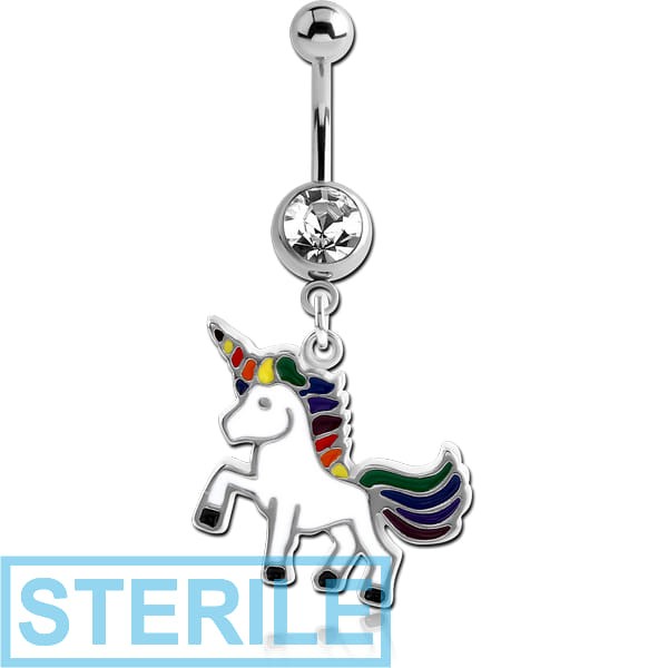 STERILE SURGICAL STEEL JEWELLED NAVEL BANANA WITH CHARM - UNICORN