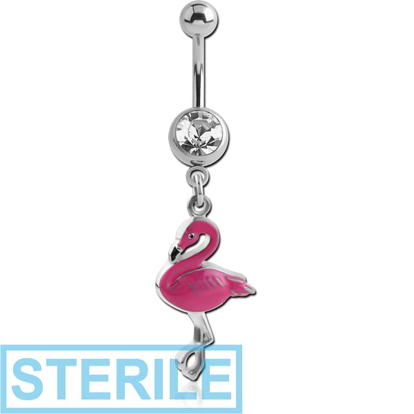 STERILE SURGICAL STEEL JEWELLED NAVEL BANANA WITH CHARM FLAMINGO