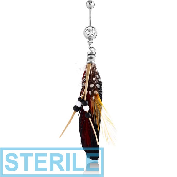 STERILE SURGICAL STEEL JEWELLED NAVEL BANANA WITH FEATHER BEAD CHARM