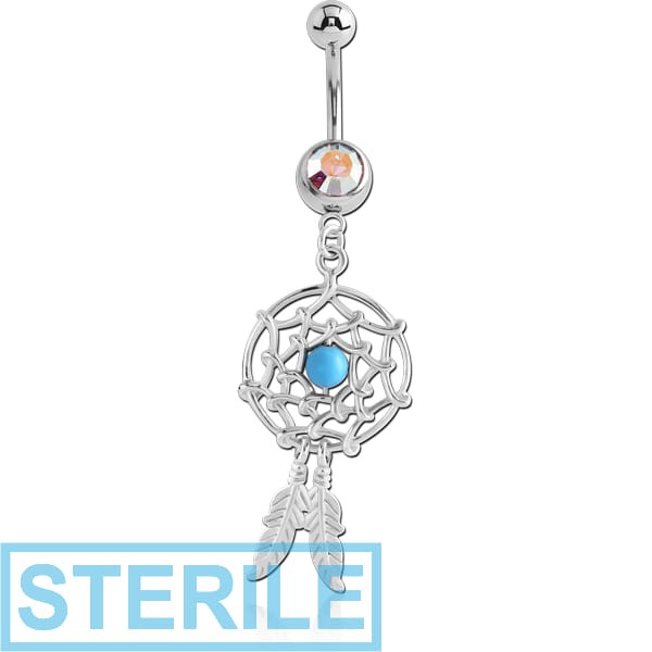 STERILE SURGICAL STEEL JEWELLED NAVEL BANANA WITH DREAMCATCHER FEATHERS CHARM