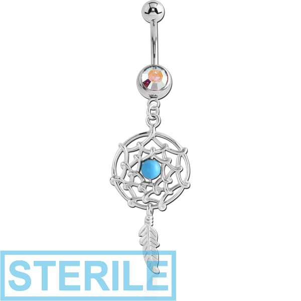 STERILE SURGICAL STEEL JEWELLED NAVEL BANANA WITH DREAMCATCHER FEATHER CHARM
