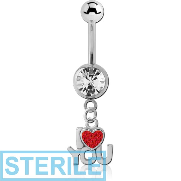 STERILE SURGICAL STEEL JEWELLED NAVEL BANANA WITH JEWELLED CHARM - HEART
