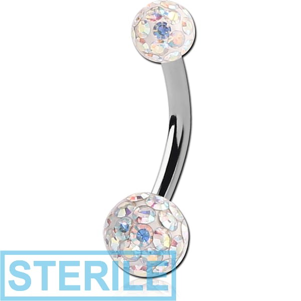 STERILE SURGICAL STEEL DOUBLE EPOXY COATED CRYSTALINE JEWELLED BALL NAVEL BANANA