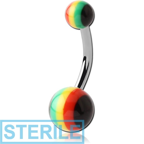 STERILE SURGICAL STEEL DOUBLE ACRYLIC RASTA BALL NAVEL BANANA