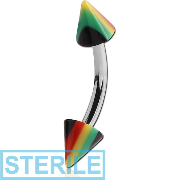 STERILE SURGICAL STEEL CURVED BARBELL WITH ACRYLIC RASTA CONES