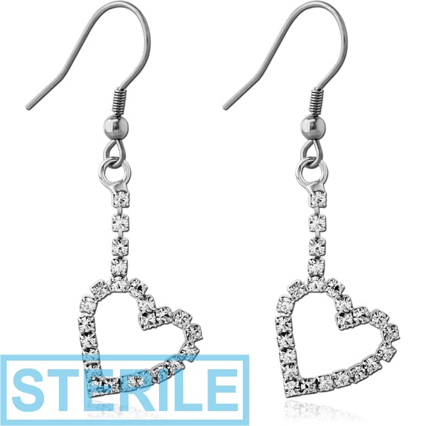 STERILE RHODIUM PLATED BRASS JEWELLED EARRINGS PAIR - STONE CHAIN HEART
