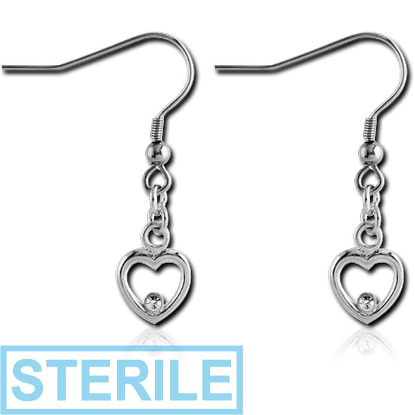 STERILE RHODIUM PLATED BRASS JEWELLED EARRINGS PAIR - HEART