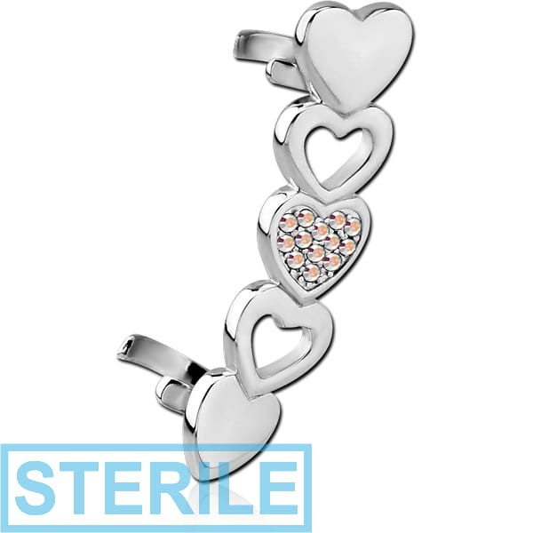 STERILE RHODIUM PLATED BRASS JEWELLED EAR CUFF - HEARTS