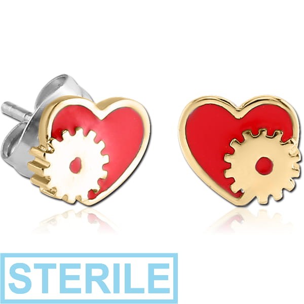 STERILE BRASS EARRINGS PAIR WITH ENAMEL - HEART STEAMPUNK