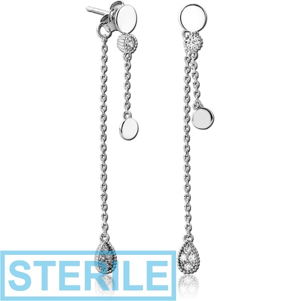 STERILE RHODIUM PLATED BRASS JEWELLED CHAIN EAR STUDS PAIR