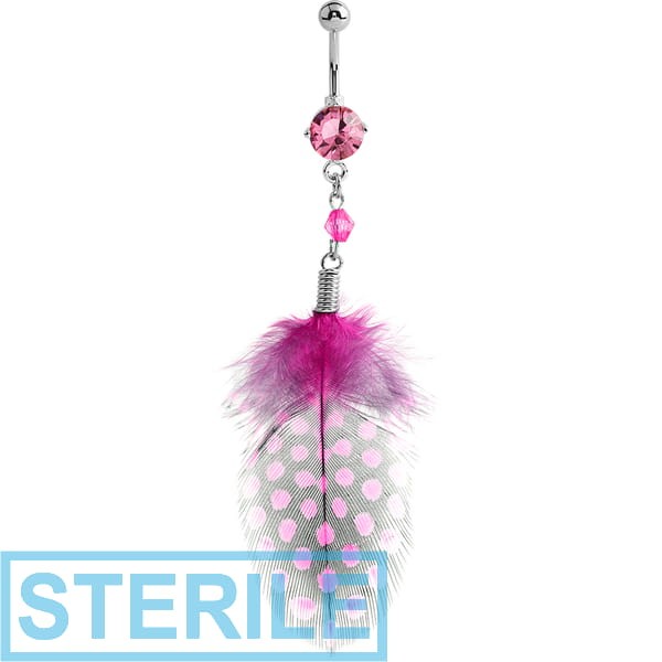 STERILE RHODIUM PLATED BRASS JEWELLED NAVEL BANANA WITH DANGLING CHARM - FEATHER