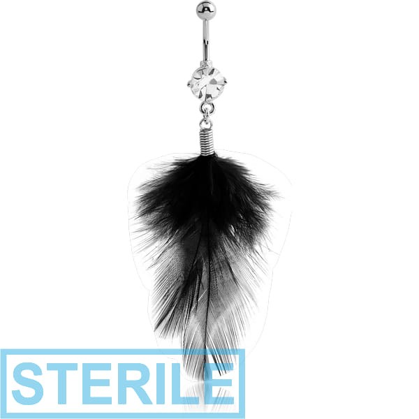 STERILE RHODIUM PLATED BRASS JEWELLED NAVEL BANANA WITH DANGLING CHARM - FEATHER