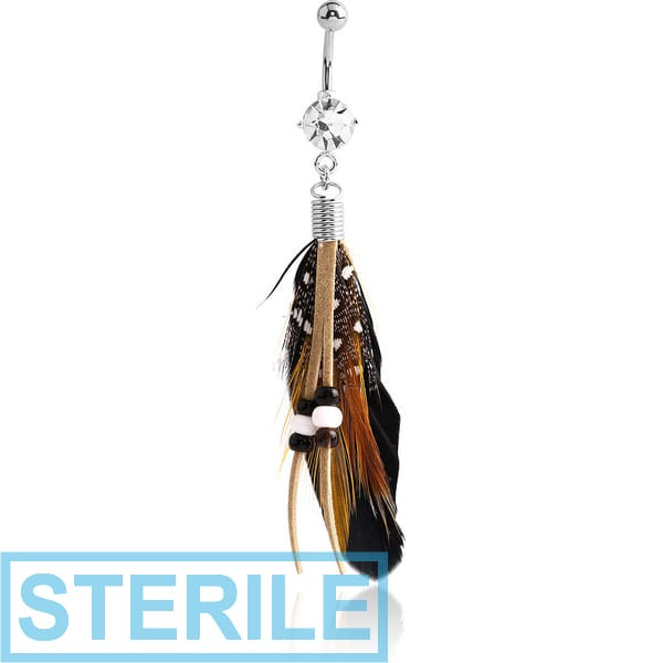 STERILE RHODIUM PLATED BRASS JEWELLED NAVEL BANANA WITH DANGLING CHARM - FEATHER