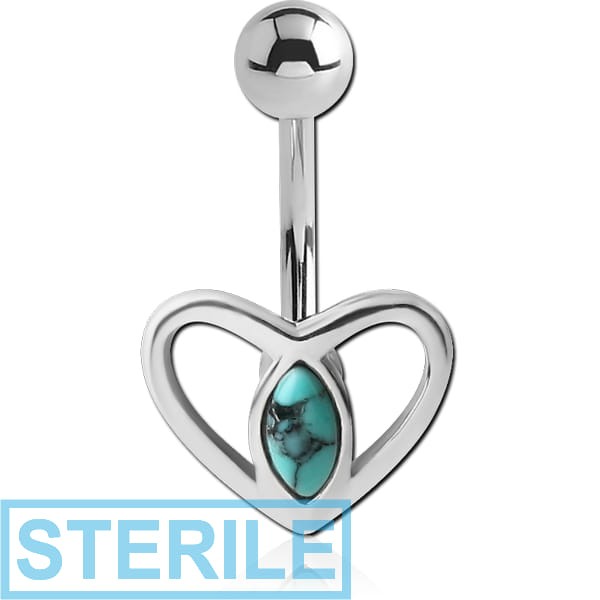 STERILE RHODIUM PLATED BRASS NAVEL BANANA WITH SYNTHETIC TURQUIZE - HEART