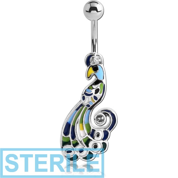 STERILE RHODIUM PLATED BRASS JEWELLED NAVEL BANANA WITH ENAMEL - PEACOCK