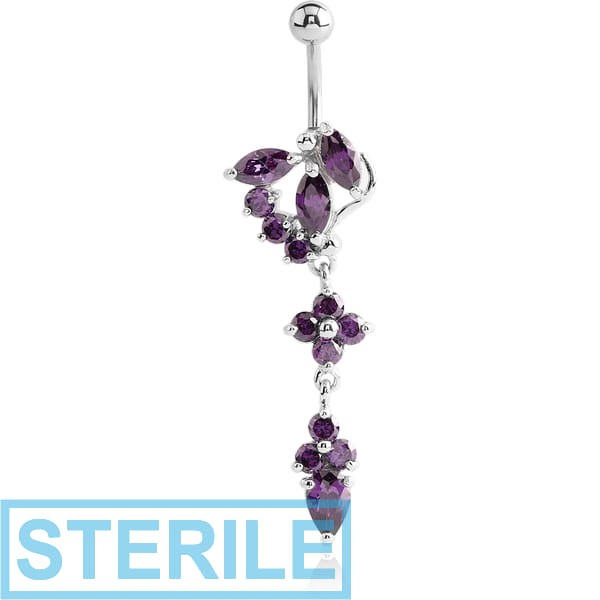 STERILE RHODIUM PLATED BRASS JEWELLED NAVEL BANANA WITH DANGLING CHARM - CROSS AND DROP