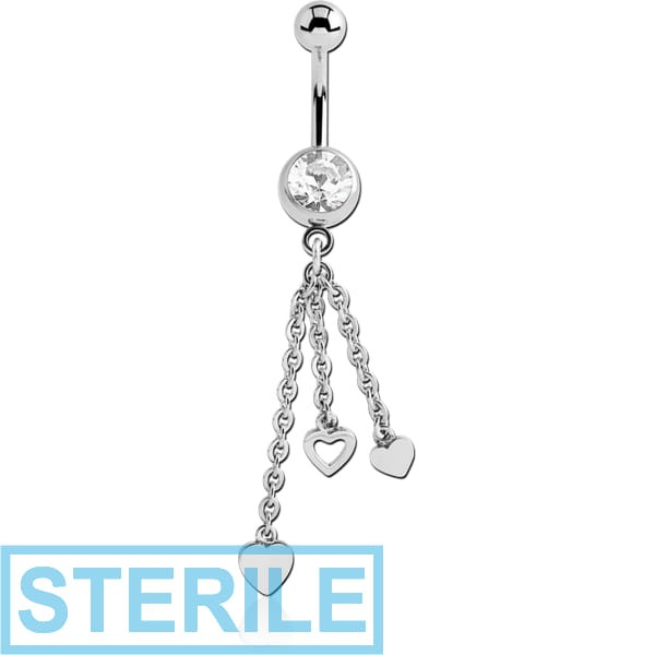 STERILE SURGICAL STEEL JEWELLED NAVEL BANANA WITH DANGLING CHARM - THREE HEARTS