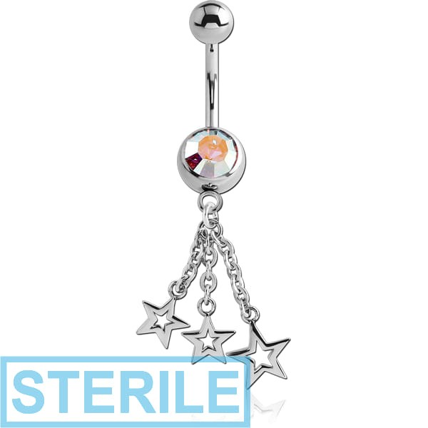 STERILE SURGICAL STEEL JEWELLED NAVEL BANANA WITH DANGLING CHARM - THREE STARS