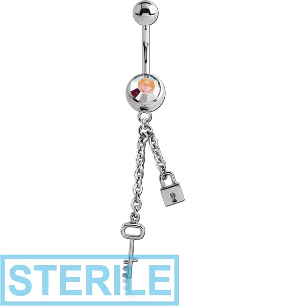STERILE SURGICAL STEEL JEWELLED NAVEL BANANA WITH DANGLING CHARM - KEY AND LOCK