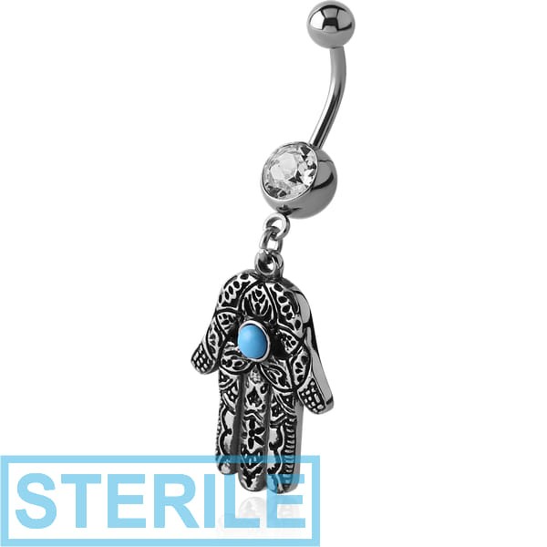 STERILE SURGICAL STEEL JEWELLED NAVEL BANANA WITH DANGLING CHARM - HAMSA HAND