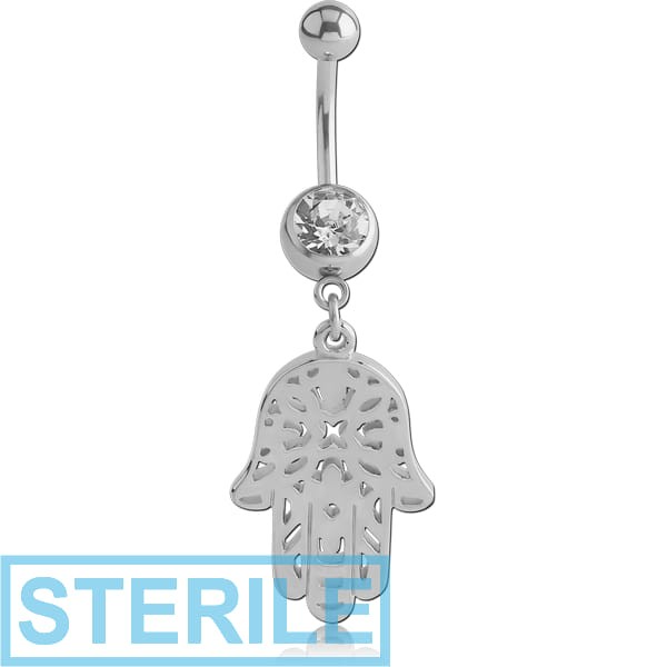STERILE SURGICAL STEEL JEWELLED NAVEL BANANA WITH DANGLING CHARM - HAMSA HAND