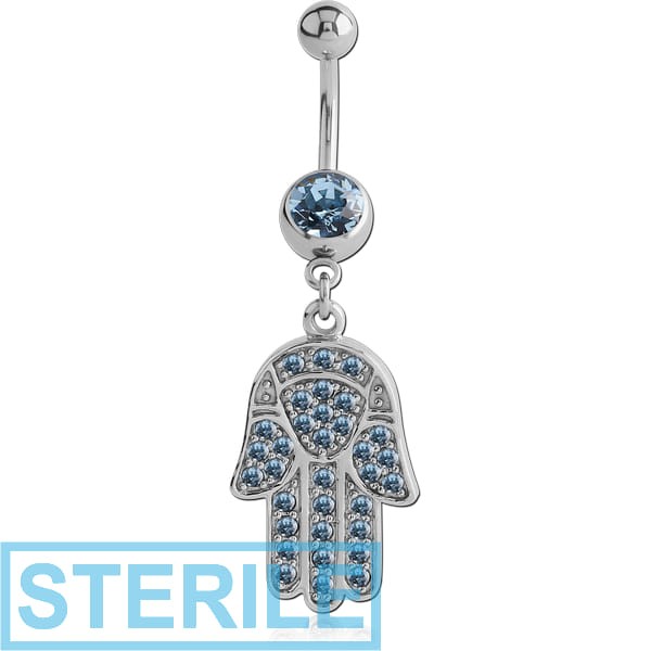 STERILE SURGICAL STEEL JEWELLED NAVEL BANANA WITH DANGLING CHARM - HAMSA HAND