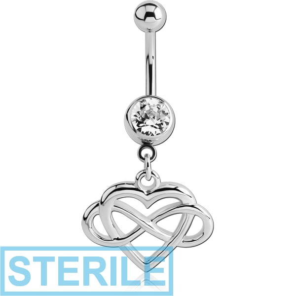 STERILE RHODIUM PLATED BRASS JEWELLED NAVEL BANANA WITH DANGLING CHARM - ENTANGLED HEART AND INFINITY