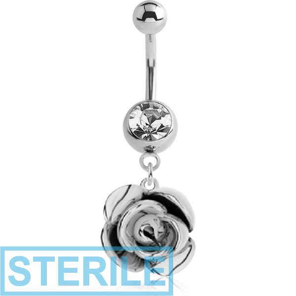 STERILE SURGICAL STEEL JEWELLED NAVEL BANANA WITH DANGLING CHARM - ROSE