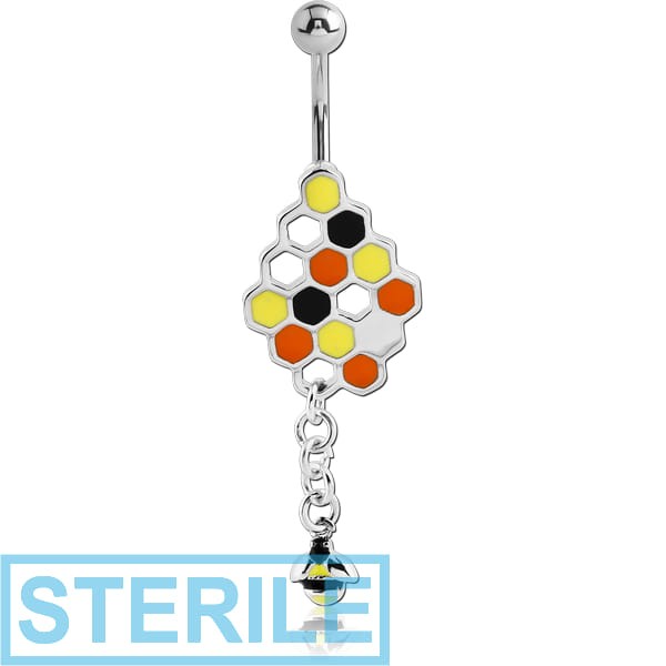 STERILE RHODIUM PLATED BRASS ENAMEL BEEHIVE NAVEL BANANA WITH DANGLING CHARM - BEE